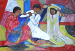 color painting of three musicians playing traditional instruments